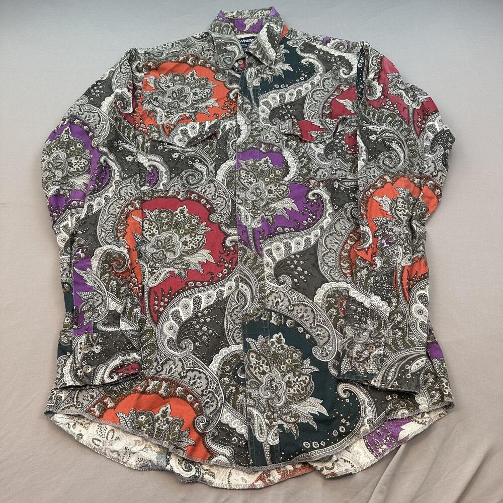 VTG Wrangler Shirt Mens 15.5 34 Western Cowboy Cut X-Long Tail Paisley 90s USA